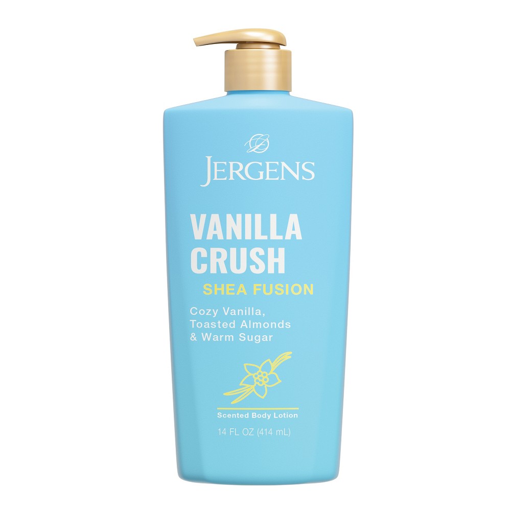 Jergens Vanilla Crush scented body lotion in a 14 oz bottle, moisturizer and hydrating lotion with vanilla scent.