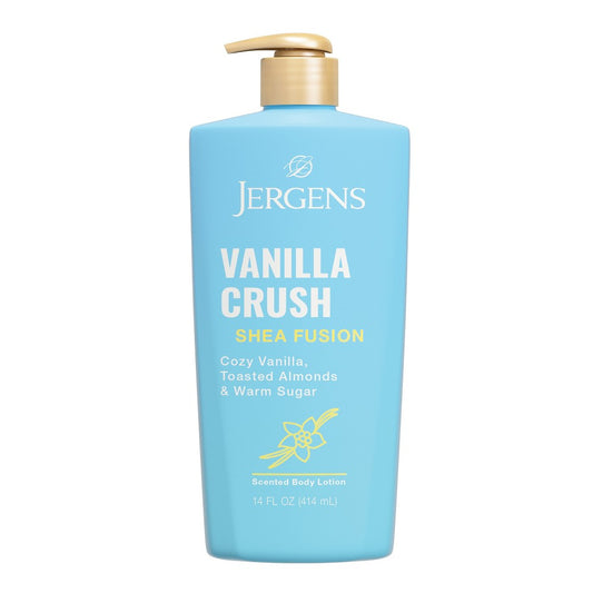 Jergens Vanilla Crush scented body lotion in a 14 oz bottle, moisturizer and hydrating lotion with vanilla scent.