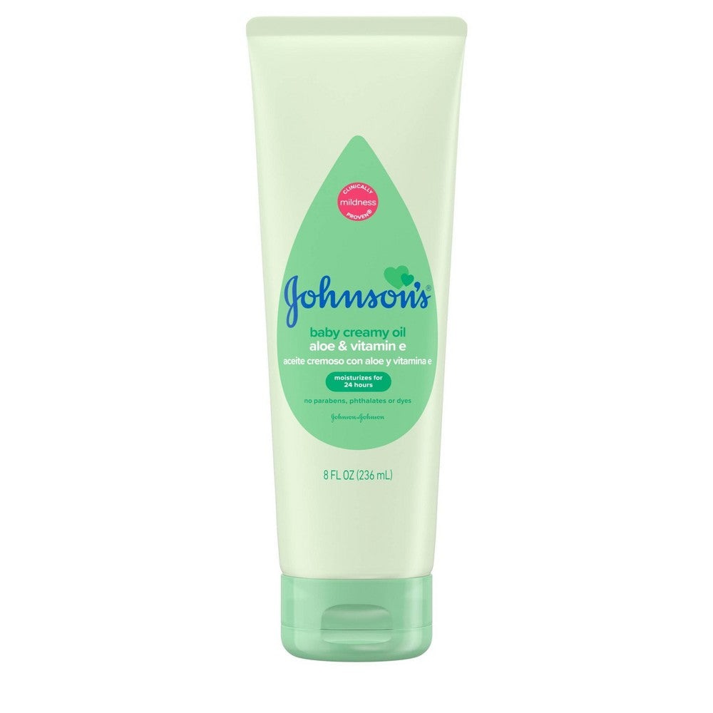 Johnson's Baby Creamy Body Oil in an 8 Fl Oz bottle, a gentle lotion and moisturizer with soft, smooth texture.
