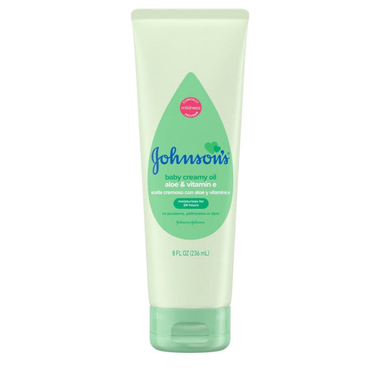 Johnson's Baby Creamy Body Oil in an 8 Fl Oz bottle, a gentle lotion and moisturizer with soft, smooth texture.