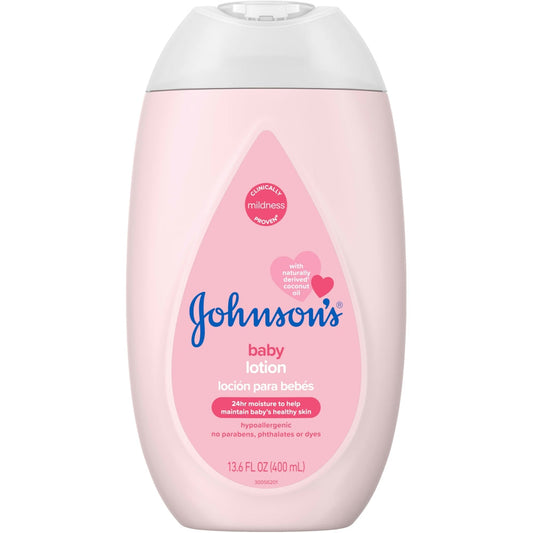 Johnson's Baby Moisturizing Mild Pink Body Lotion in 13.6 fl oz bottle, featuring soft pink packaging and gentle formula.