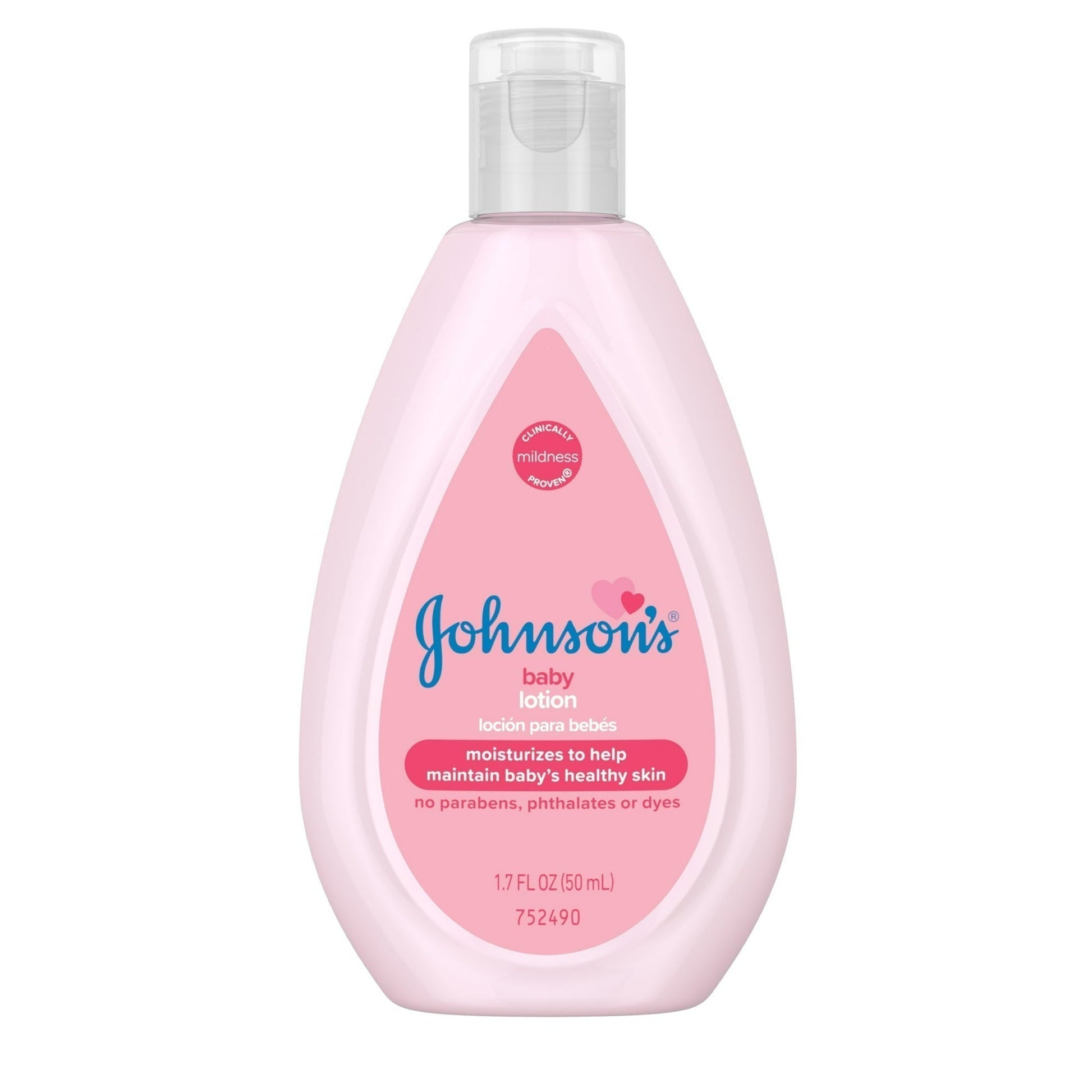 Johnson's Baby Moisturizing Pink Lotion with Coconut Oil, 1.7 oz, in a soft pink bottle featuring a gentle, soothing formula.