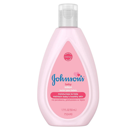 Johnson's Baby Moisturizing Pink Lotion with Coconut Oil, 1.7 oz, in a soft pink bottle featuring a gentle, soothing formula.