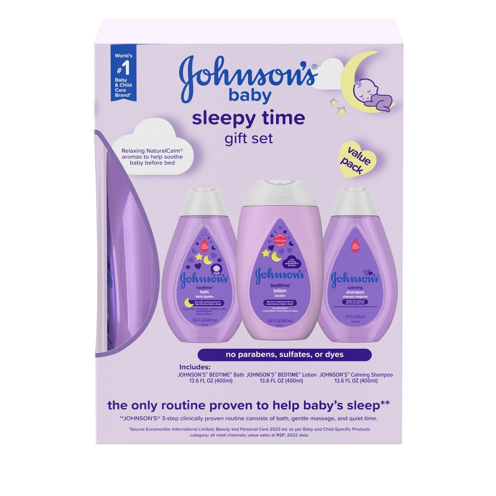 Johnson's Baby Sleepy Time Lotion and Moisturizer, gentle baby skincare product with calming scent in a pastel container