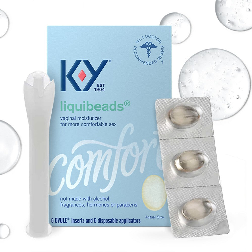 K-Y Liquibeads vaginal moisturizer box showing six discreet bead packages for feminine comfort and intimate hydration.