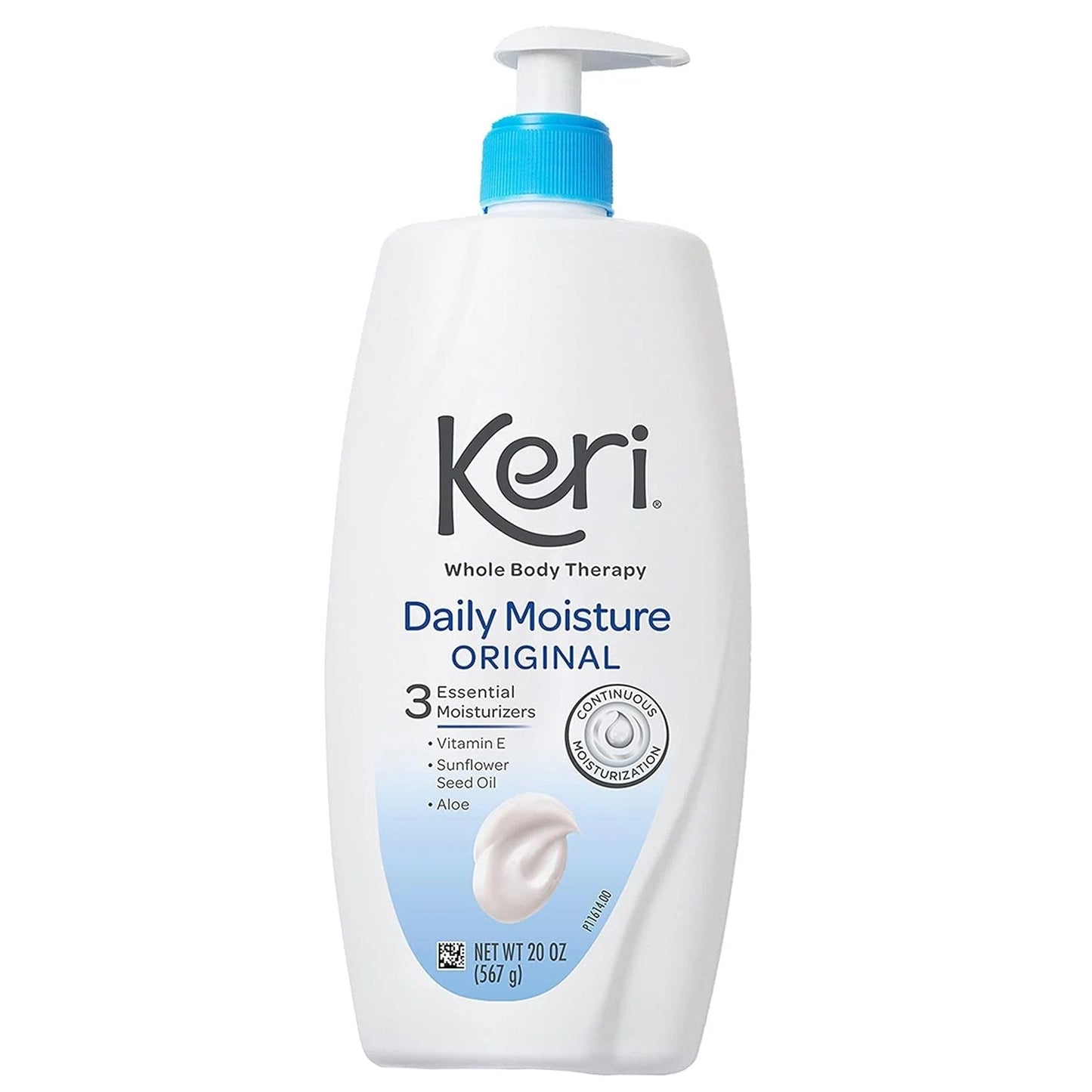 Keri Whole Body Therapy Daily Moisture Lotion with Aloe, 20 oz, pasteur pharmacy moisturizer for dry skin, in a white pump bottle.