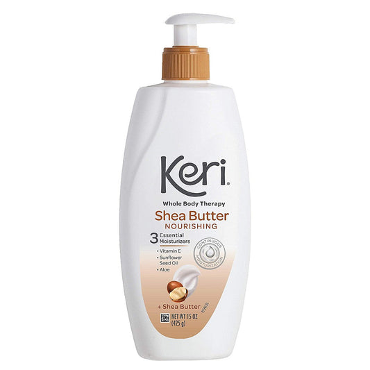 Keri Whole Body Therapy Shea Butter Lotion bottle with label, showcasing moisturizing ingredients like Vitamin E, Aloe, and Sunflower Seed Oil.