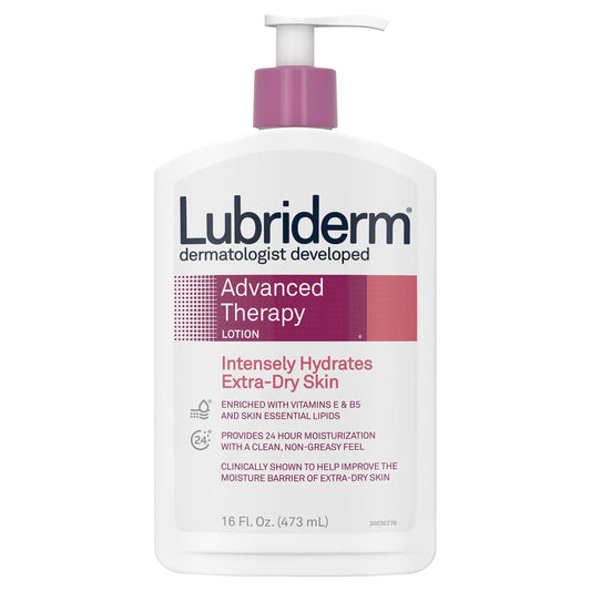 Lubriderm Advanced Therapy Daily Moisturizing Lotion with Pro-Ceramide, Vitamin E, and B5 in a 16 fl oz pump bottle.
