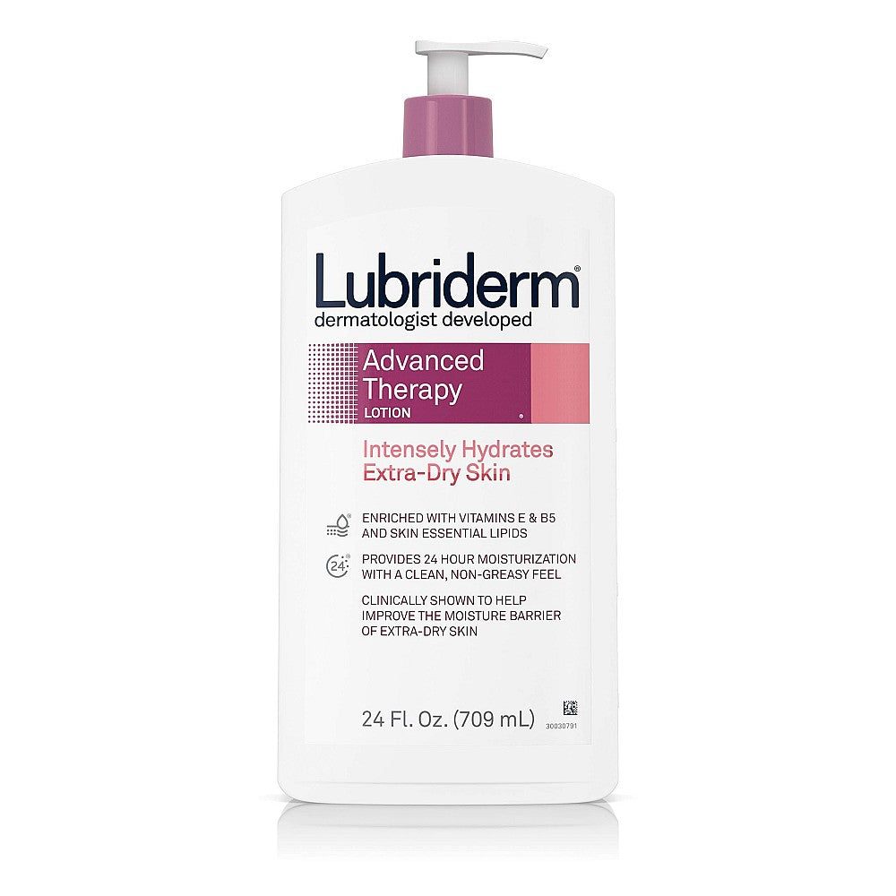 Lubriderm Advanced Therapy lotion for extra dry skin in a 24 fl oz bottle, moisturizing and nourishing skin.