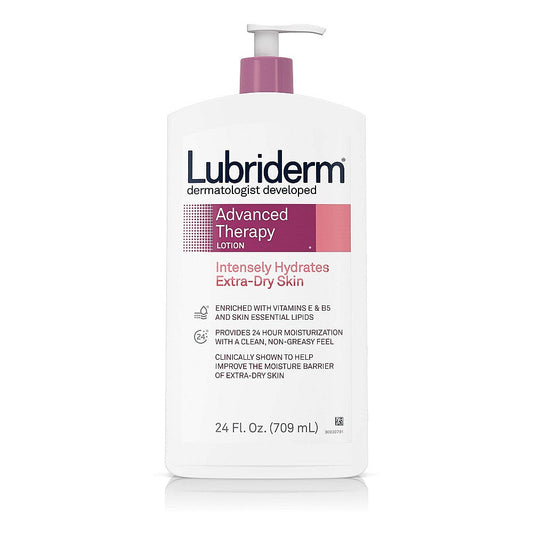 Lubriderm Advanced Therapy lotion for extra dry skin in a 24 fl oz bottle, moisturizing and nourishing skin.