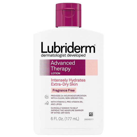 Lubriderm Advanced Therapy Moisturizing Lotion with Vitamins E and Pro-Vitamin B5 in a 6 fl oz bottle, designed for skin hydration.
