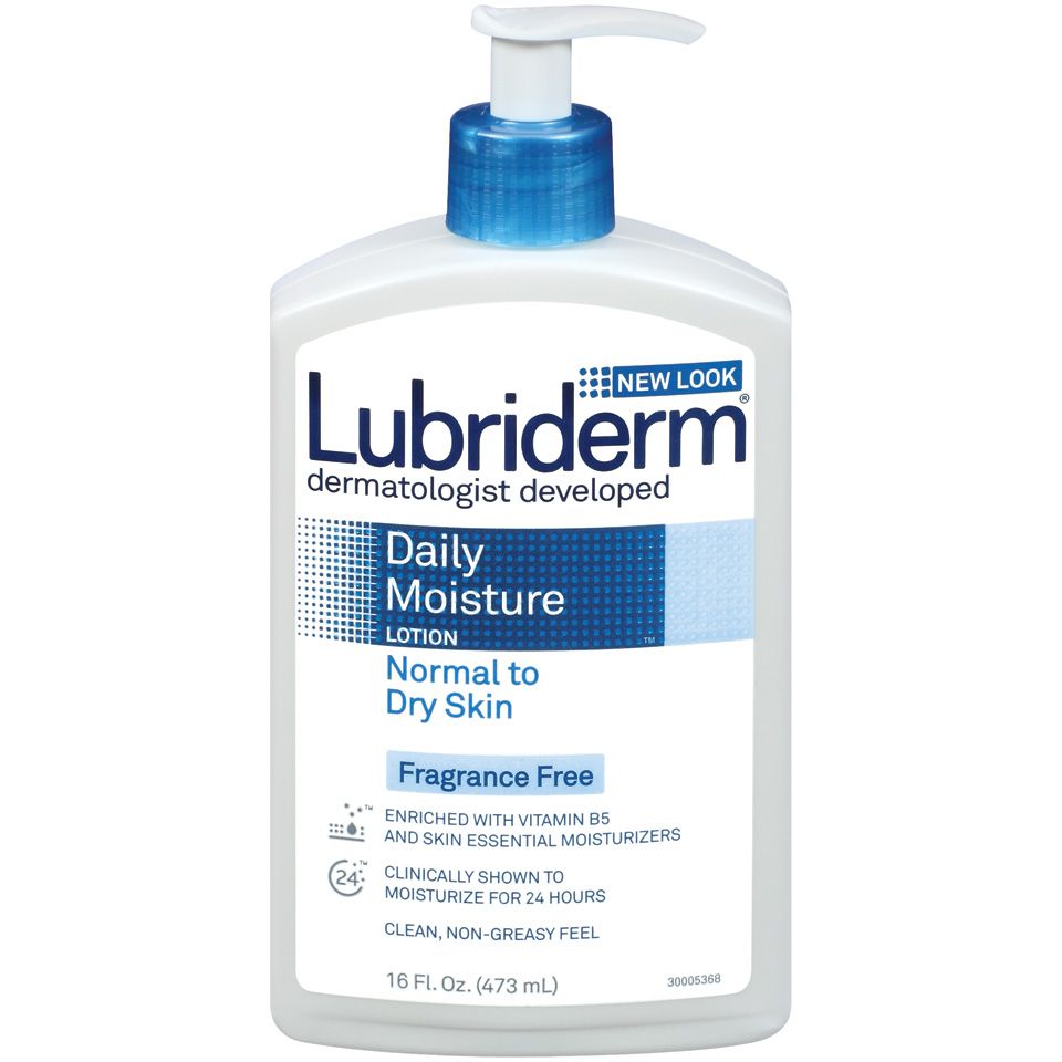 Lubriderm Daily Moisture Hydrating Fragrance-Free Body Lotion in a 16 fl oz pump bottle, moisturizing and gentle for daily use.