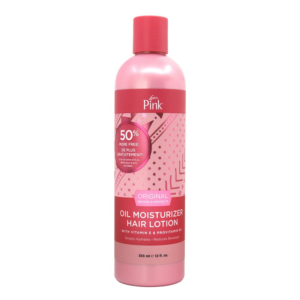 Luster's Pink Oil Moisturizer Hair Lotion in 12 Fl Oz bottle, moisturizing hair and scalp with pink oil formula.