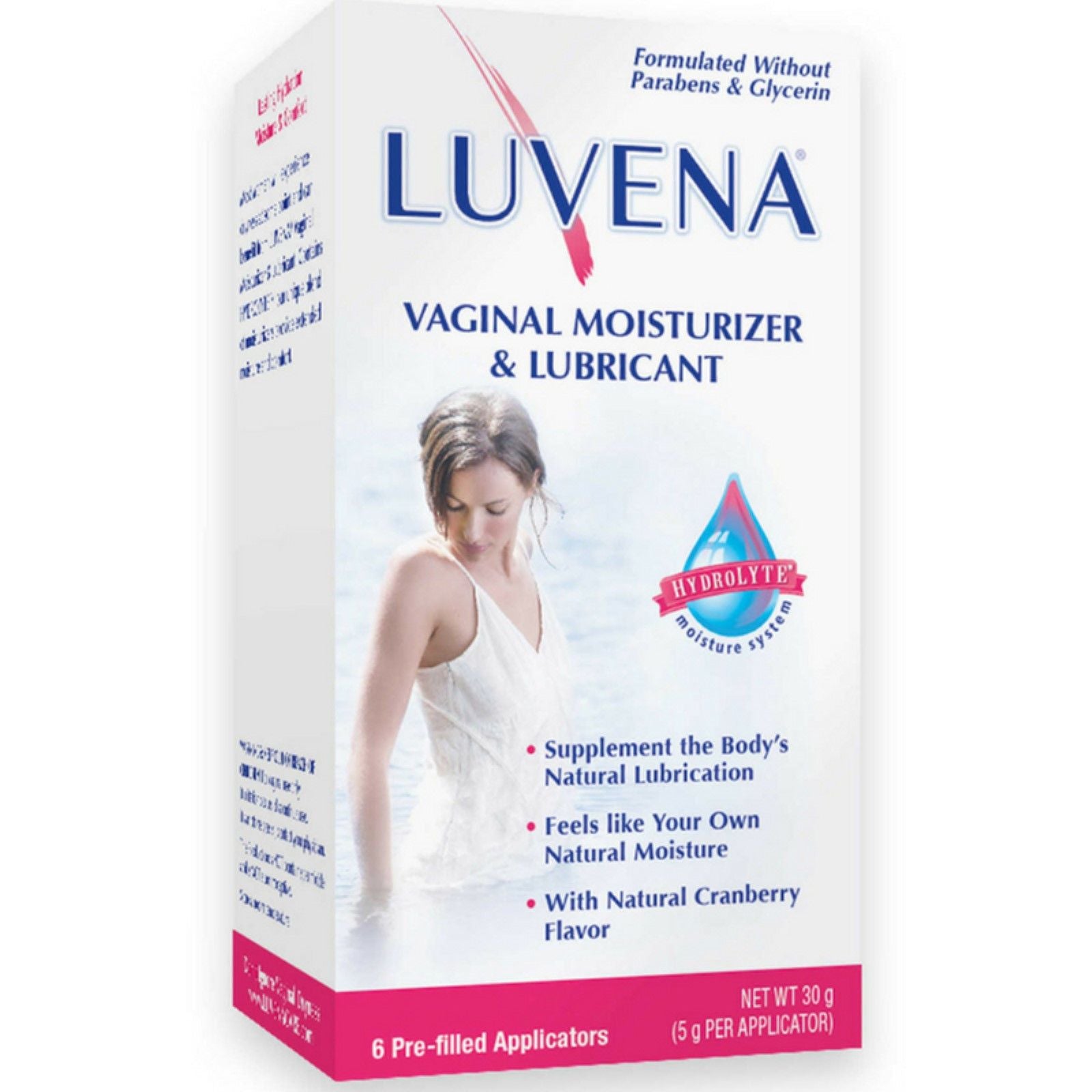Luvena Prebiotic Vaginal Moisturizer and Lubricant in pre-filled applicators, 6-count, by Pasteur Pharmacy, for intimate comfort.