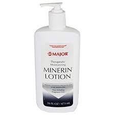 Major Minerin Lotion 16 oz by Pasteur Pharmacy, moisturizing lotion in a clear bottle with a white cap.