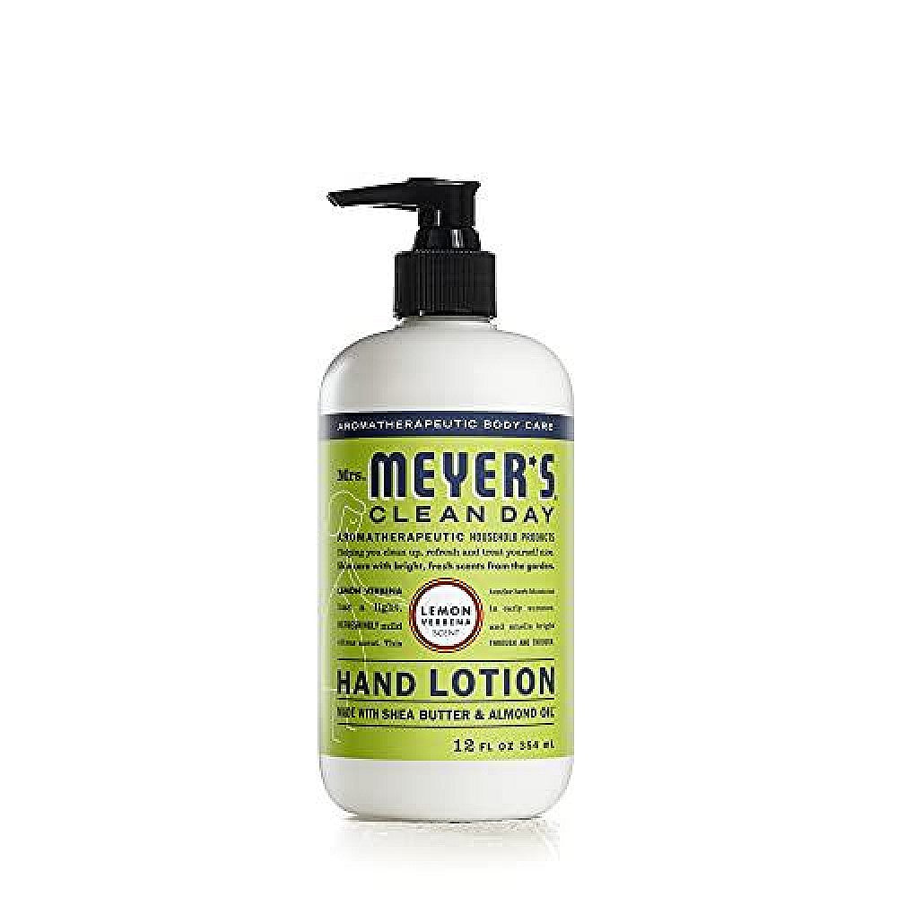 Mrs. Meyer’s Clean Day Lemon Verbena hand lotion in a 12-ounce bottle, featuring a bright, citrus-scented moisturizer with natural ingredients.
