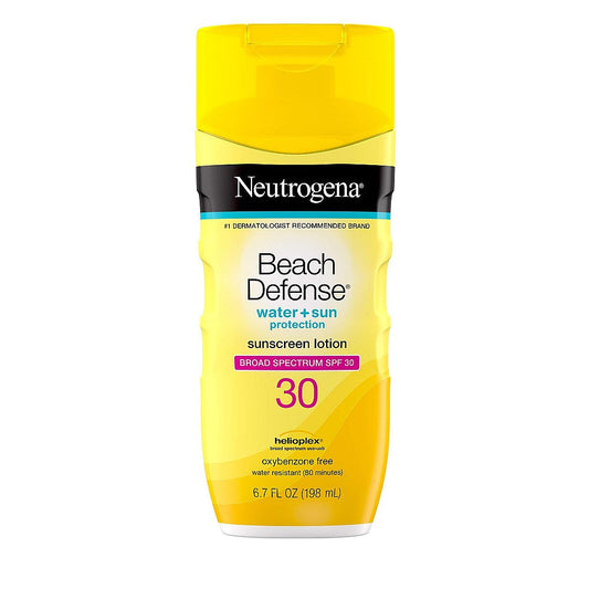 Neutrogena Beach Defense Water + Sun Protection Sunscreen Lotion SPF 30 in 6.7 oz bottle, moisturizing and water-resistant sunscreen.