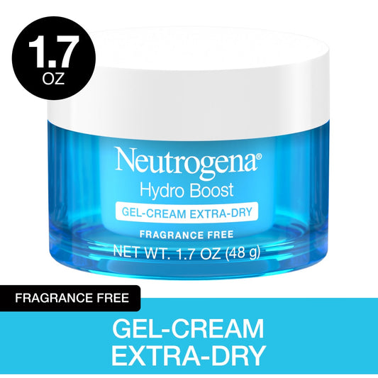 Neutrogena Hydro Boost Hyaluronic Acid Hydrating Water Face Gel moisturizer for dry skin, in a clear jar with refreshing blue label.