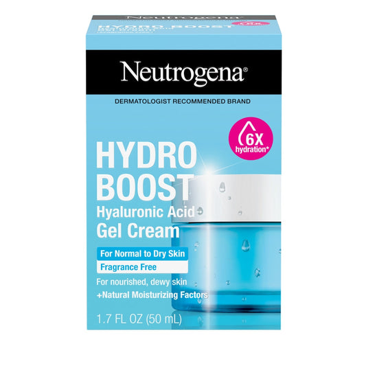 Neutrogena Hydro Boost Water Gel fragrance-free moisturizer in a clear jar, showcasing its smooth, lightweight gel texture.
