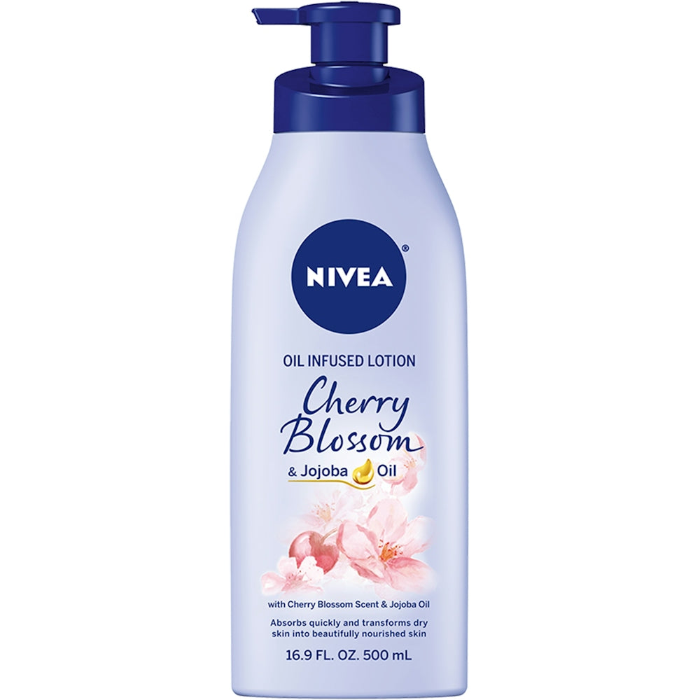Nivea Oil Infused Body Lotion with Cherry Blossom and Jojoba Oil in a 16.9 fl oz pump bottle, moisturizing and fragrant lotion.