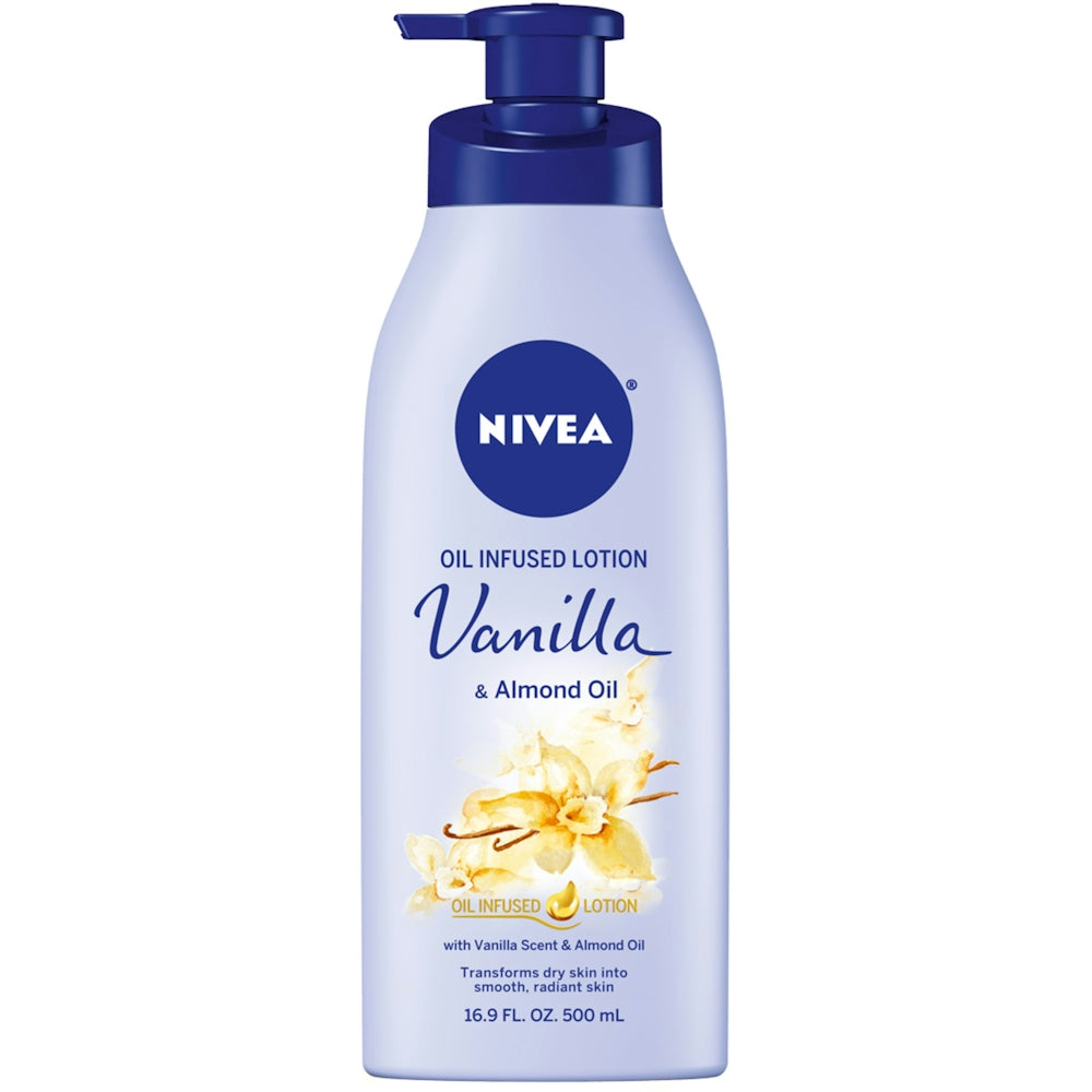 Nivea Oil Infused Body Lotion Vanilla & Almond in a 16.9 fl oz bottle, moisturizing and nourishing skin with soothing scents.