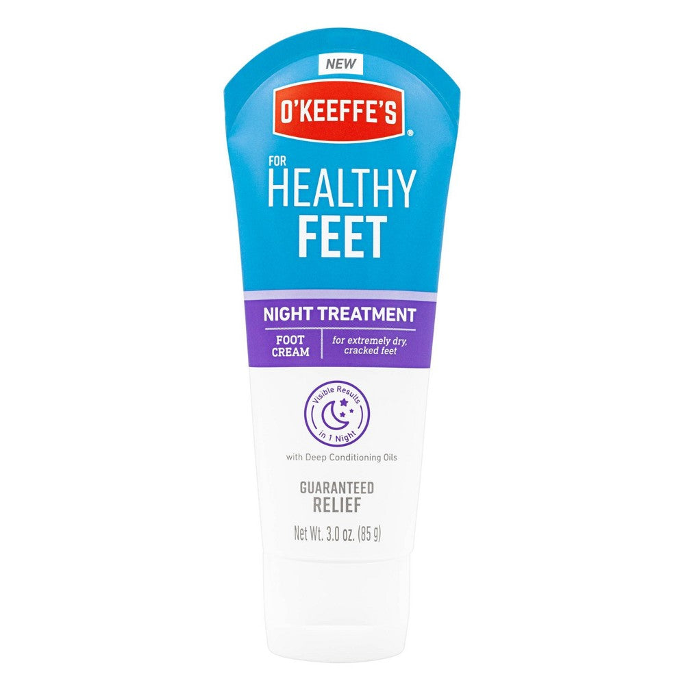 O'Keeffe's Healthy Feet Night Treatment Foot Cream in a moisturizing lotion jar with a white cap.