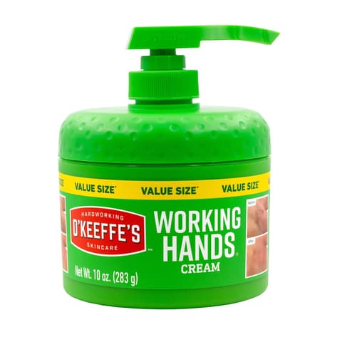O'Keeffe's Working Hands pumpable hand cream in a 10 oz jar, moisturizing lotion for dry, cracked hands.