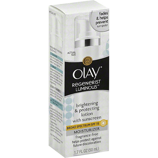 Olay Regenerist Luminous Moisturizer in a fragrance-free lotion with SPF 15, displayed in a white tube.