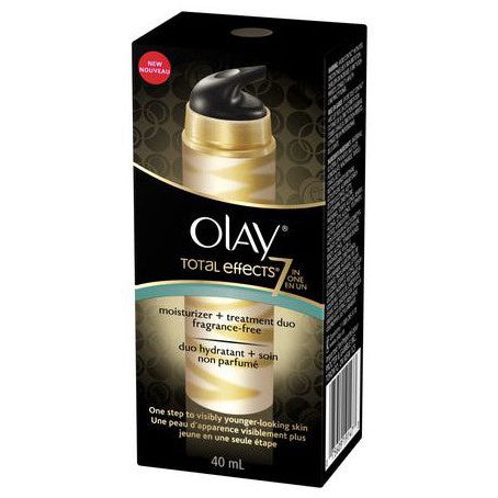 Olay SkinCare Total Effects moisturizer and serum duo in 1.35 fl oz bottles, featuring creamy lotion and serum in sleek packaging.