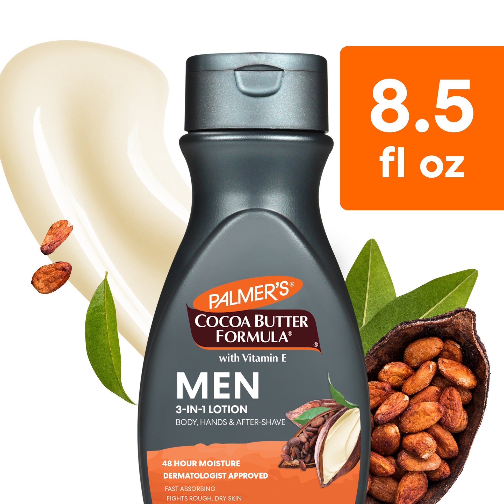 Palmer's Cocoa Butter Formula for Men body and face lotion, 8.5 oz, with creamy texture and labeled packaging visible.