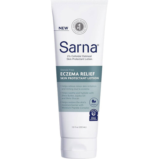 Pasteur Pharmacy Sarna Eczema Relief Skin Protectant Lotion in a 7.5 oz bottle, featuring a soothing moisturizer for sensitive skin.