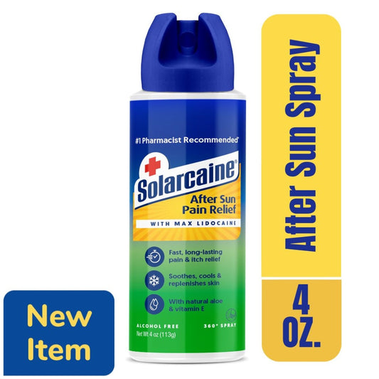 Solarcaine Aloe Vera Sunburn Relief Spray by Pasteur Pharmacy in a 4 oz aerosol, medicated with lidocaine for pain relief.
