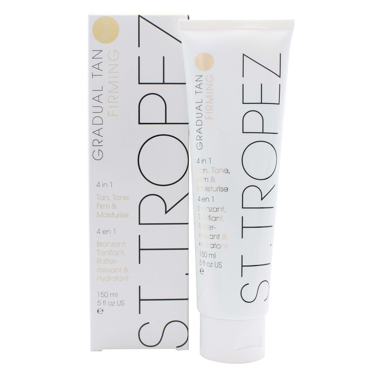 St. Tropez Gradual Tan Firming Plus 4in1 moisturizer lotion in 150ml bottle, featuring tanning and firming skincare benefits.