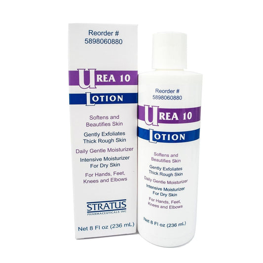 Pasteur Pharmacy Stratus Pharmaceuticals Urea 10 Lotion in 8 fl oz bottle, moisturizing lotion with 10% Urea for dry skin.