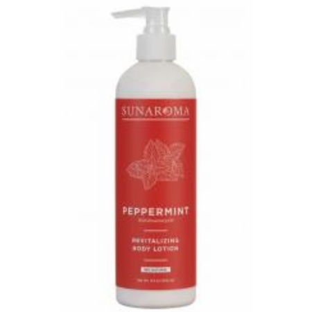 Sunaroma Peppermint Revitalizing Body Lotion pump bottle by Pasteur Pharmacy, 11.5oz, featuring a white pump and mint-green packaging.