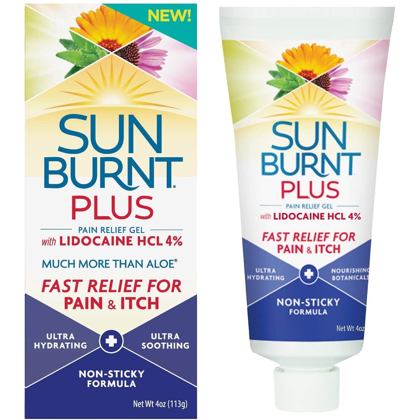 SunBurnt Plus Pain Relief Gel with Lidocaine HCL 4% in a 4 oz tube, designed for soothing pain and skin relief.