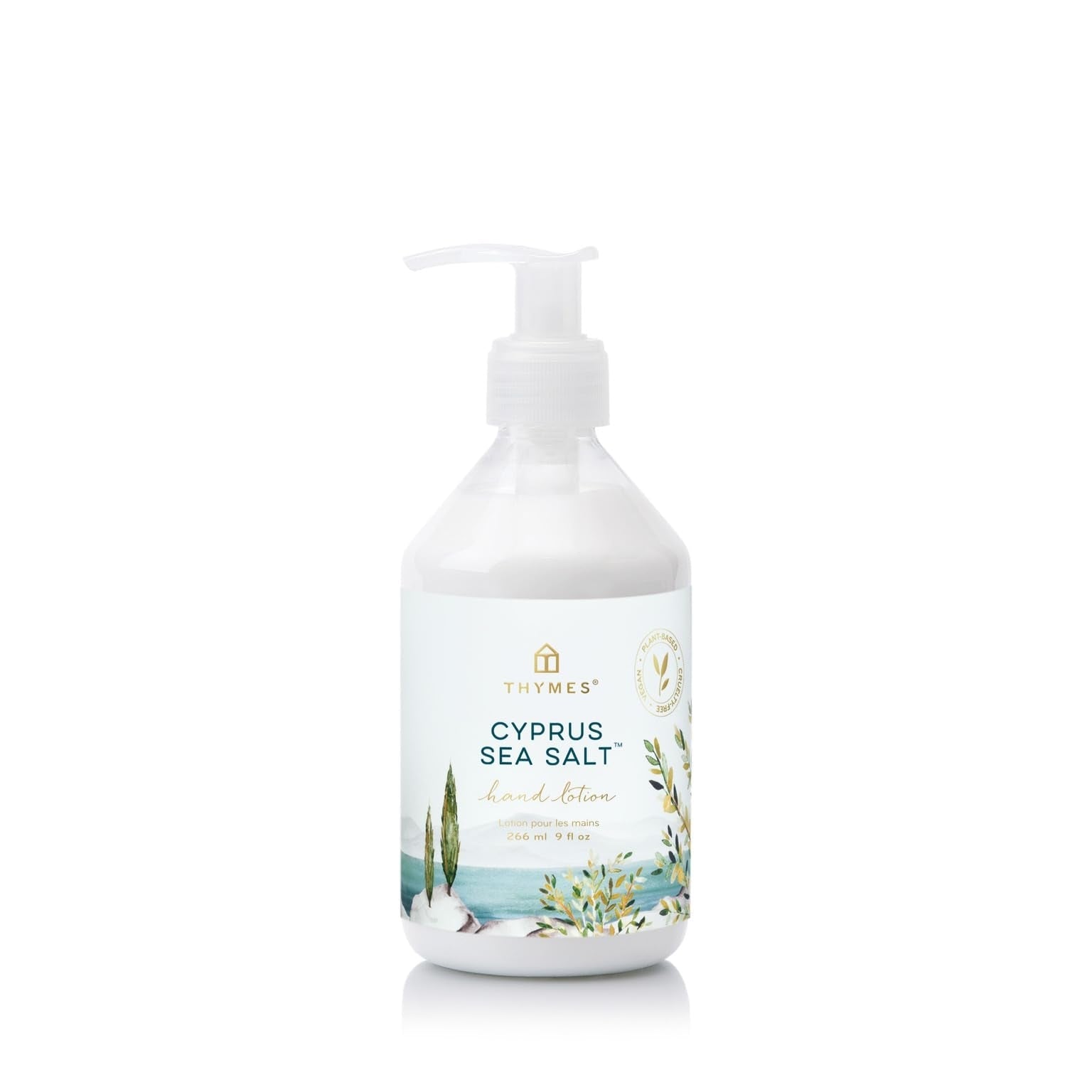 Thymes Cyprus Sea Salt Hand Lotion in a pump bottle, moisturizing lotion and moisturizer with sea salt scent and natural ingredients.