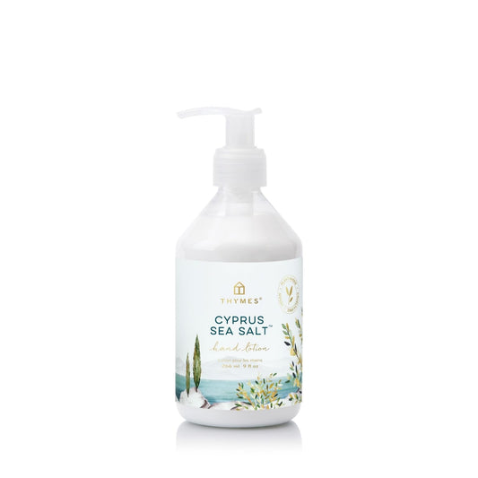 Thymes Cyprus Sea Salt Hand Lotion in a pump bottle, moisturizing lotion and moisturizer with sea salt scent and natural ingredients.