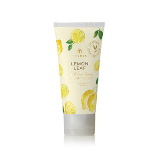 Thymes Lemon Leaf Hand Cream in a 2.5 fl oz tube, moisturizing lotion with fresh lemon leaf scent, displayed on a neutral background.