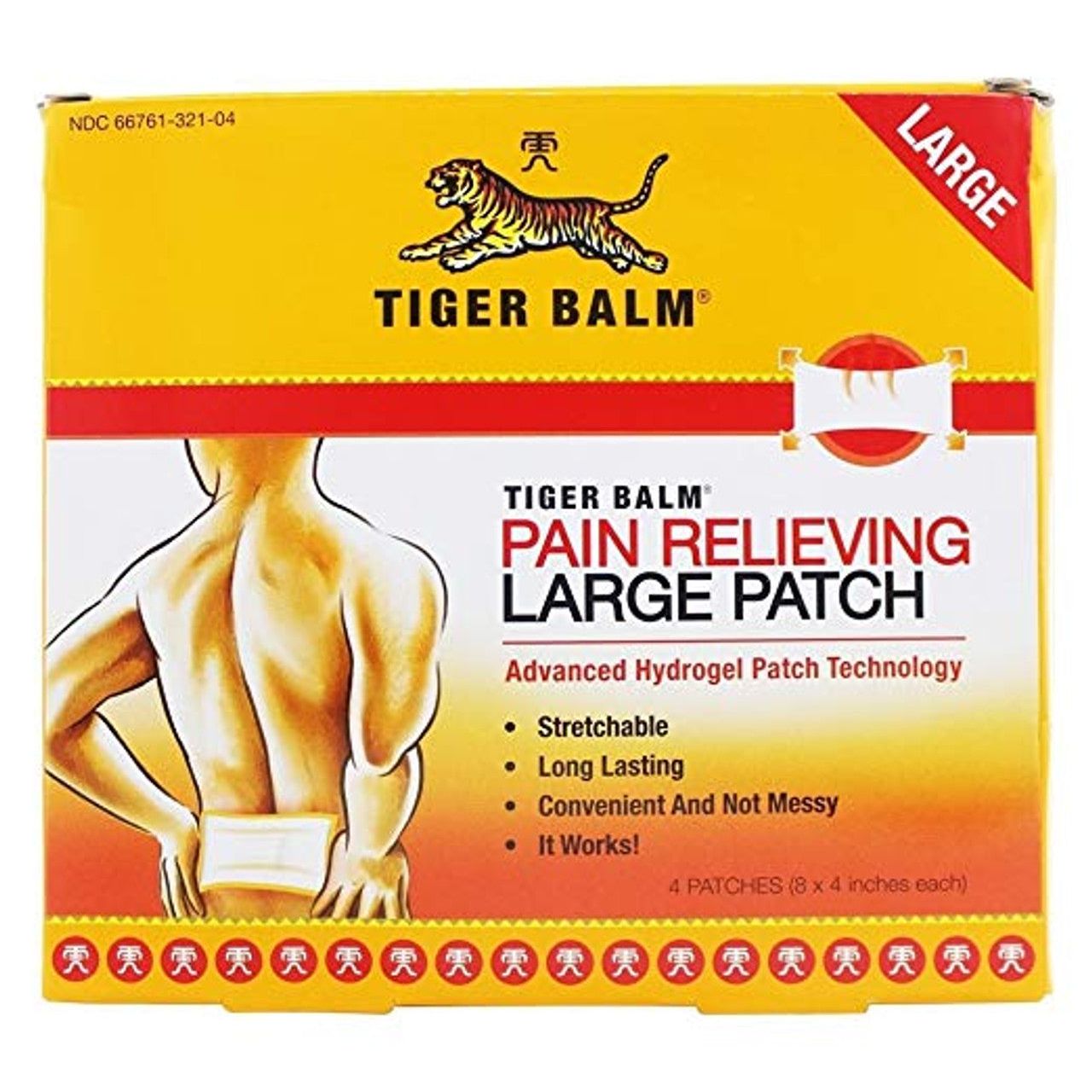 Large Tiger Balm Pain Relieving Hydrogel Patch by Pasteur Pharmacy, four soothing patches for targeted relief, shown on skin.