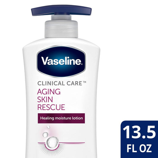 Vaseline Clinical Care Aging Skin Rescue Body Lotion in a white bottle with a blue cap, designed for mature skin moisture.