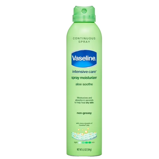 Vaseline Intensive Care Aloe Soothe Spray Lotion in 6.5 oz bottle, moisturizing and soothing aloe-infused lotion from Pasteur Pharmacy