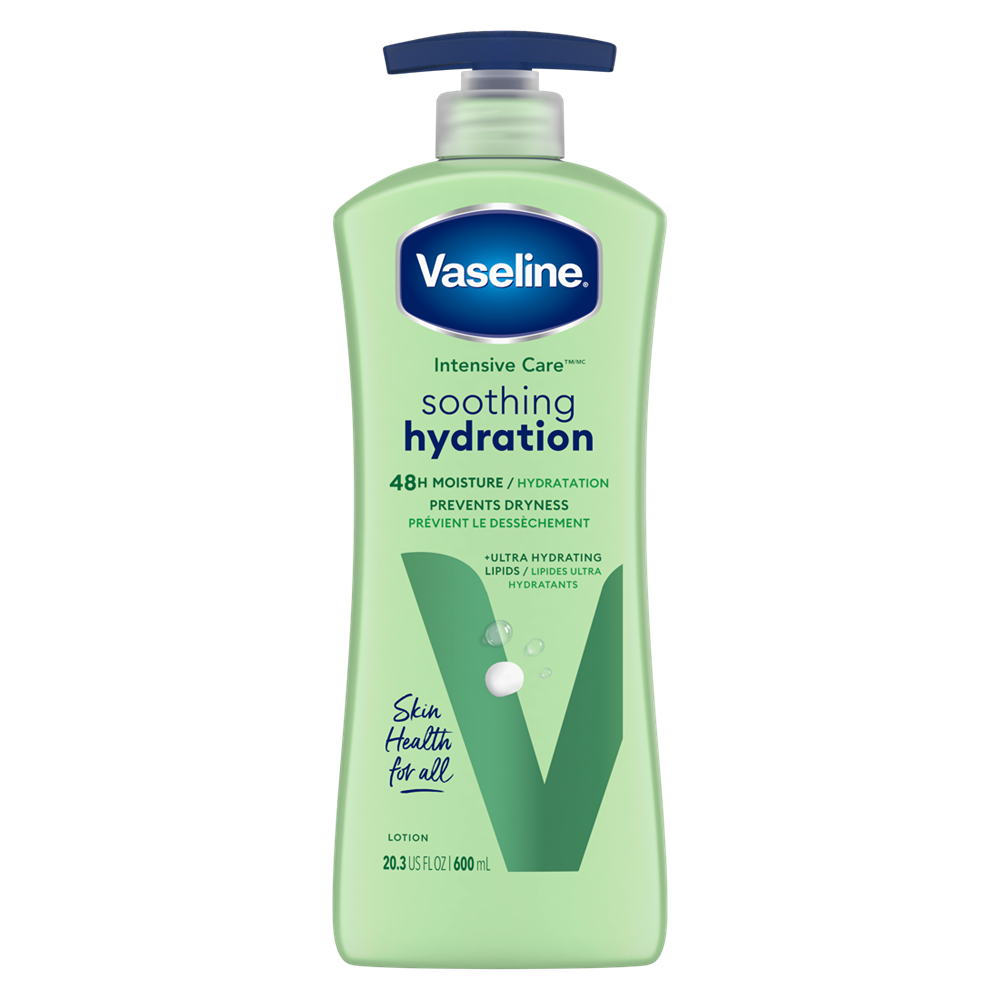 Vaseline Intensive Care Soothing Hydration Aloe Body Lotion in 20.3 oz bottle, moisturizing and soothing skin.