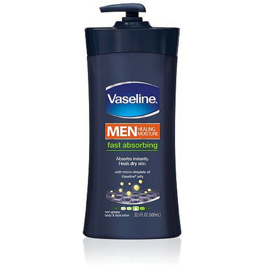 Vaseline Men Healing Moisture lotion for face and body, fast-absorbing moisturizer in a 20.3oz bottle, by Pasteur Pharmacy