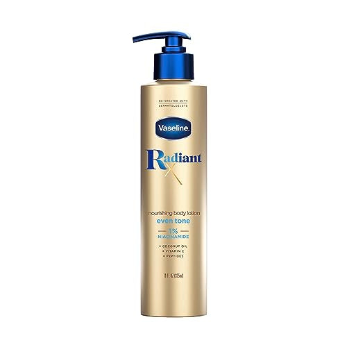 Vaseline Radiant Even Tone Body Lotion with 1% Niacinamide, nourishing moisturizer in 11 oz bottle, from Pasteur Pharmacy