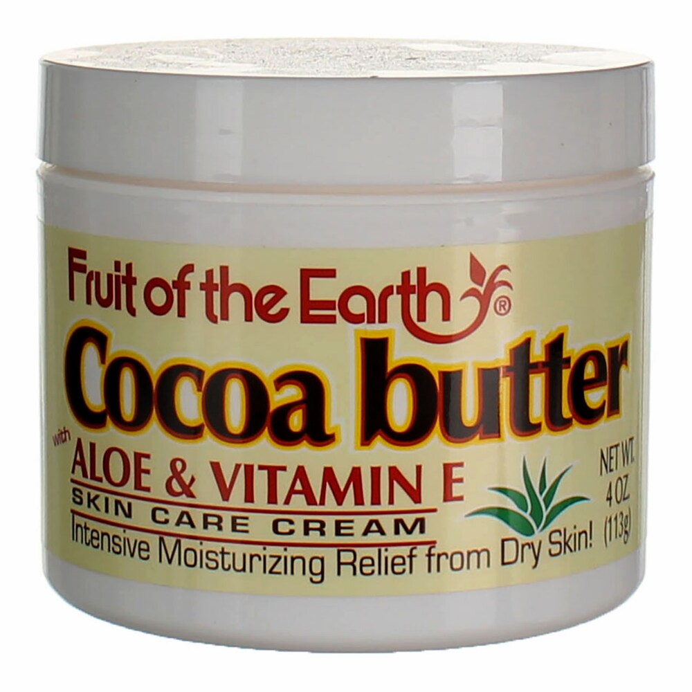 Fruit of the Earth Cocoa Butter Skin Care Cream 4 oz in a white jar, moisturizing lotion with cocoa butter for smooth skin.