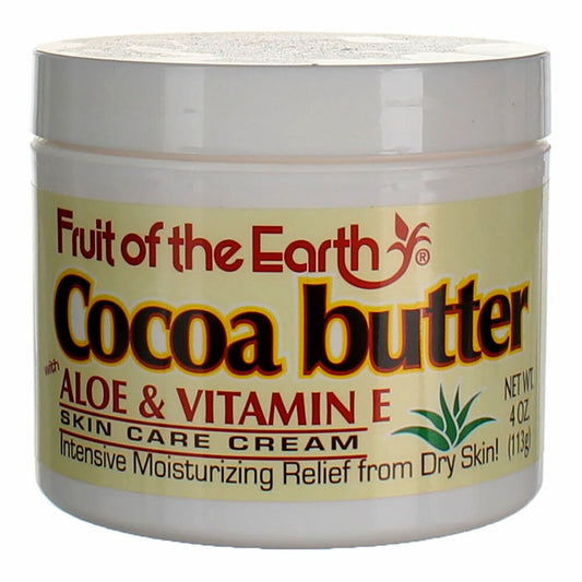 Fruit of the Earth Cocoa Butter Skin Care Cream 4 oz in a white jar, moisturizing lotion with cocoa butter for smooth skin.