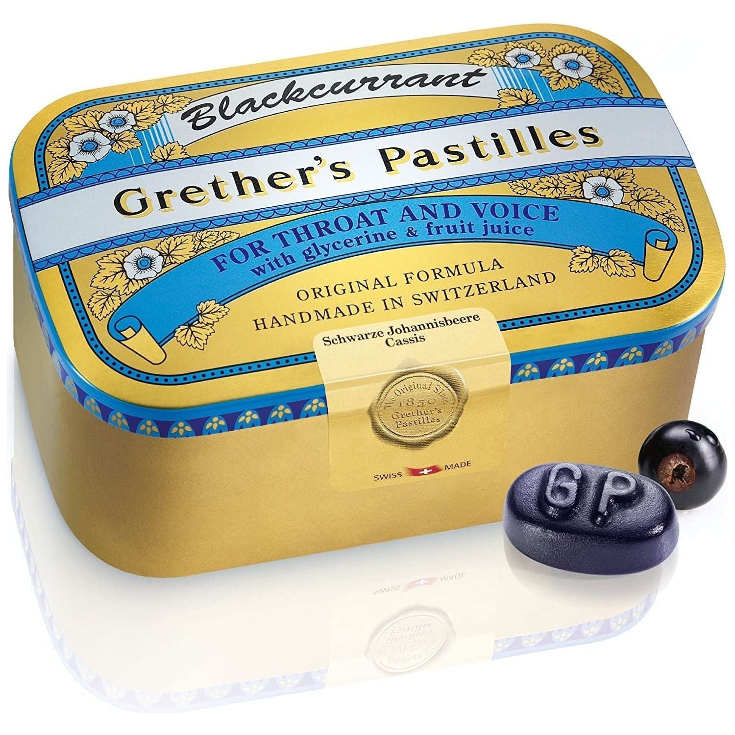 Grether's Pastilles Blackcurrant lozenges in a clear box, showing 176 blackcurrant-flavored lozenges with colorful packaging.