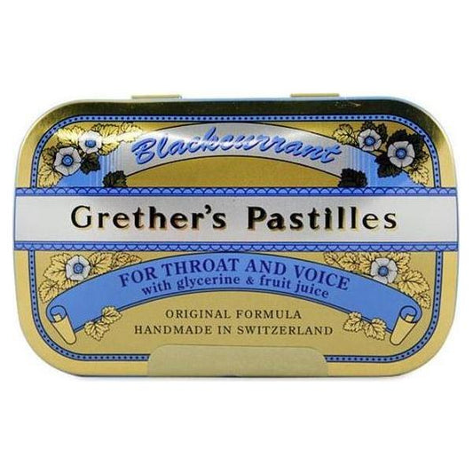Grether's Pastilles Blackcurrant lozenges in 2.12 oz pack, featuring blackcurrant flavor and natural soothing ingredients.