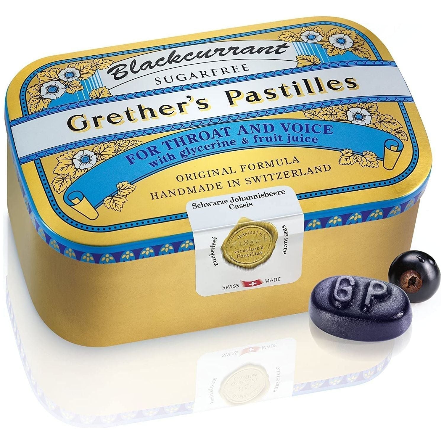 Sugar-free Grether's Pastilles blackcurrant lozenges in a clear package, designed for soothing throat relief.
